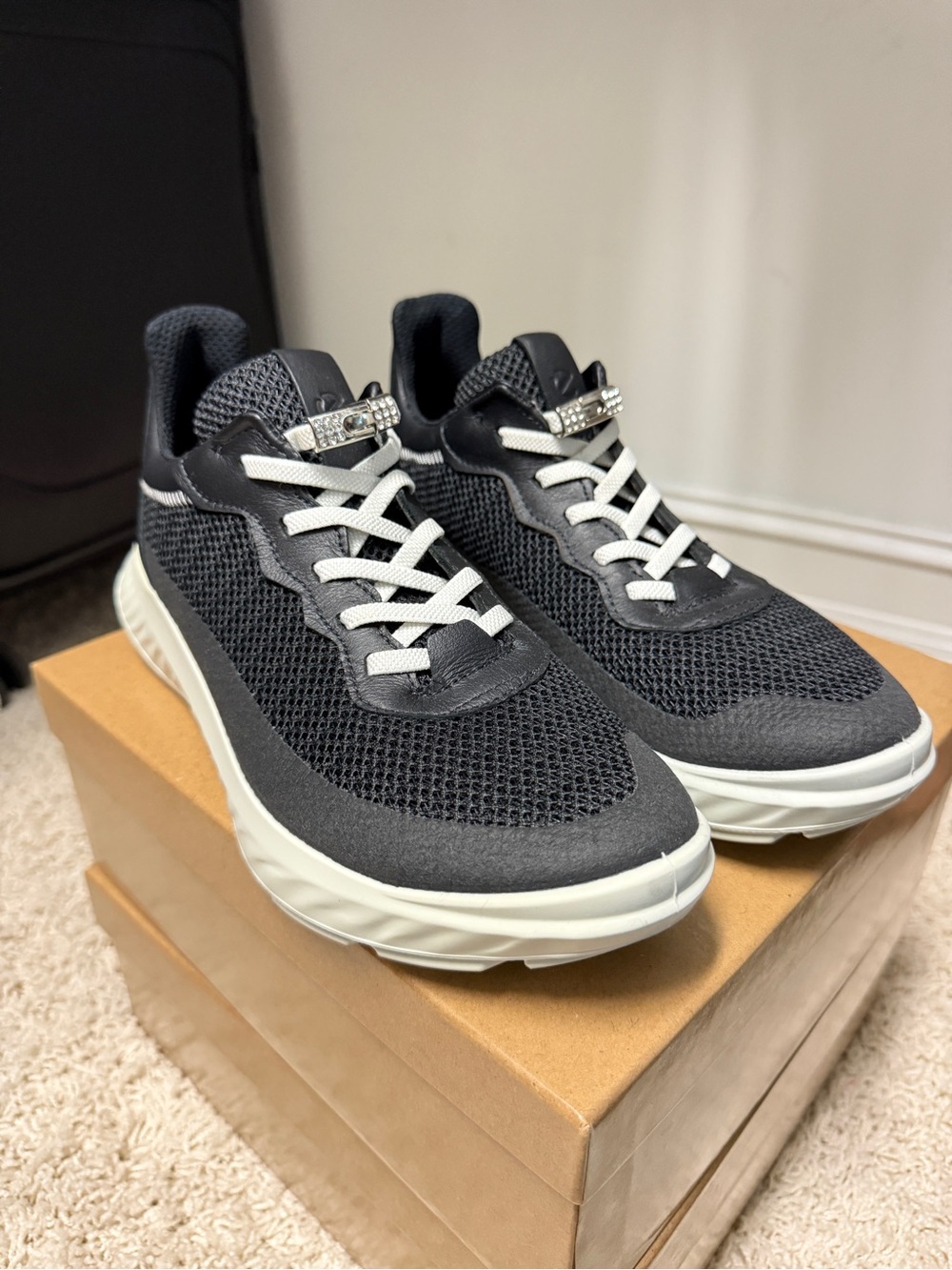 Ecco Women's Black Mesh Athletic Sneakers with White Sole
